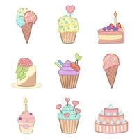 conjunto de dulces cupcakes, pasteles, magdalenas y helados. pasteles dulces decorados con cereza y corazón. ilustración vectorial dibujada a mano aislada sobre fondo blanco. vector