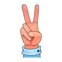 Hand gesture victory symbol in cartoon style. Vector illustration isolated on white background.