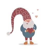 Cute Scandinavian gnome dreaming and holding heart shape in hand. vector