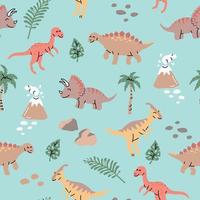 Seamless pattern with hand drawn dinosaurs in nature in scandinavian style. vector