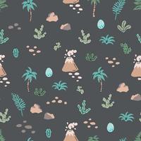 Seamless pattern with hand drawn volcanoes, palms, stones, cactuses, leaves in scandinavian style. vector