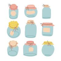 Set of empty glass jars for canning and preserving isolated on white background. Collection of glass different sizes jars with lids in hygge hand drawn style. Flat hand drawn Vector illustration.