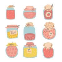 Jamjglass jars set. Collection of different types of homemade jam in cozy jars with fabric lids. Flat hand drawn vector illustration in hygge style.