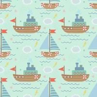 Seamless vector pattern with hand-drawn sailing yachts, ships and the sea wave. Summer bright background for fabric design. Vector illustration.