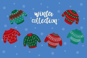 A set of traditional Christmas sweaters and jumpers. Vector isolated illustration of sweaters for a Christmas party. Warm knitted jumpers with snowflakes and ornaments. Winter collection.