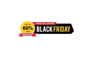 Oferta de viernes negro de 60 por ciento de descuento, liquidación, diseño de banner de promoción con estilo de etiqueta. vector