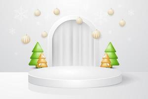 Christmas and New Year white podium with christmas tree decoration background vector