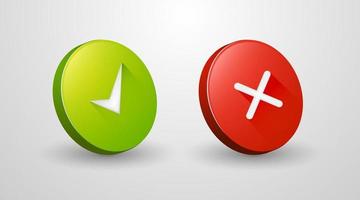 3d check mark icons for web, Checkmark X symbols on white isolated background, Check mark signs in green and red colors vector