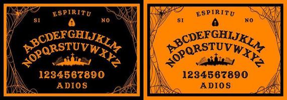 Halloween Ouija Board on wooden texture. Planchette play with calling souls and demons. Party poster. Graphic, caligraphy, typography, alphabet, letters, numbers and web. Cementery skyline. vector