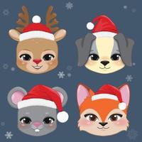 Set of Christmas characters heads with cute animal faces in Santa hats. New Year and Christmas cartoon characters for design vector