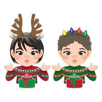 Merry Christmas cartoon design with Excite boy and girl wear a colorful sweater and gift boxe on white background vector 02