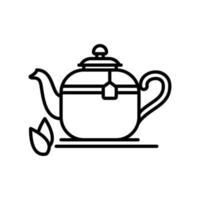 Teapot icon with tea bag and leaves in black outline style vector