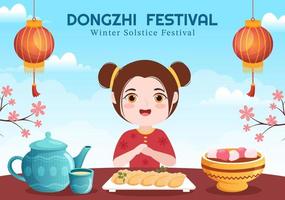 dongzhi o plantilla del festival del solsticio de invierno dibujado a mano ilustración plana de dibujos animados con la familia disfrutando de la comida china concepto tangyuan y jiaozi vector