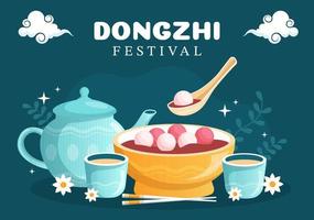 dongzhi o plantilla del festival del solsticio de invierno dibujado a mano ilustración plana de dibujos animados con la familia disfrutando de la comida china concepto tangyuan y jiaozi vector