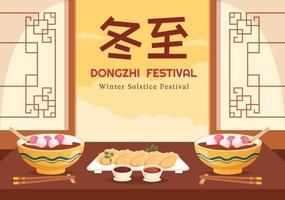 dongzhi o plantilla del festival del solsticio de invierno dibujado a mano ilustración plana de dibujos animados con la familia disfrutando de la comida china concepto tangyuan y jiaozi vector