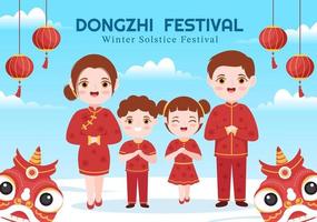 dongzhi o plantilla del festival del solsticio de invierno dibujado a mano ilustración plana de dibujos animados con la familia disfrutando de la comida china concepto tangyuan y jiaozi vector