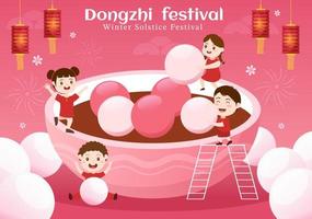 dongzhi o plantilla del festival del solsticio de invierno dibujado a mano ilustración plana de dibujos animados con la familia disfrutando de la comida china concepto tangyuan y jiaozi vector