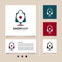 diseño de logotipo de mapa de tienda de ideas creativas. vector de diseño de icono y símbolo rojo azul con combinación de bolsa de papel y pasador de mapa