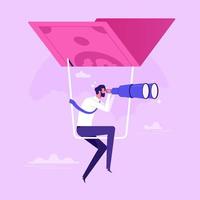 Career opportunity, investment or business vision, future forecast or discover new idea and inspiration concept, Businessman flying with money banknote and using binoculars to see opportunity vector