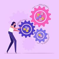 Business action plans, strategies or goals to drive the organization or target audience. Company plan management. Businesswoman spin the cogs or gear to drive action plans vector