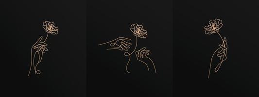 Feminine hand holding flowers gold line art vector