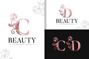 monograma femenino logotipo de oro rosa letra c y d con flores vector