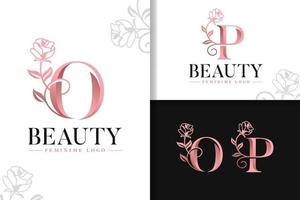 Feminine monogram rose gold logo letter o and p with flowers vector