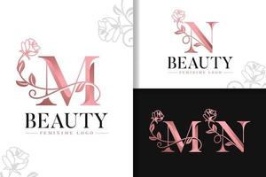 Feminine monogram rose gold logo letter m and n with flowers vector