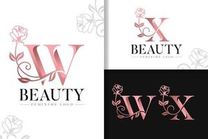 Feminine monogram rose gold logo letter w and x with flowers vector