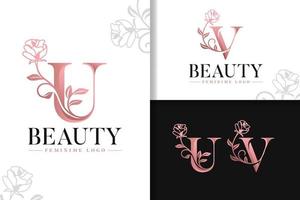 Feminine monogram rose gold logo letter u and v with flowers vector