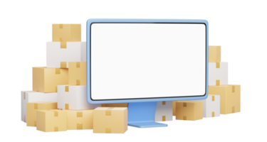 3D Computer monitor on transparent. Pile of stacked cardboard boxes. Desktop mockup with blank white screen. Social market online, E commerce, Website store, Shop app. Cartoon concept. 3d render. png