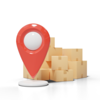 3D roter Lageplan Pin und Box. realistischer gps-navigator aus plastik, stapel gestapelter, versiegelter pappkartons auf transparent. lieferung, expressversandkonzept. karikaturikone minimaler stil. 3D-Rendering. png