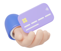 3D-Hand, die eine lila Kreditkarte hält und isoliert auf transparent schwimmt. Kredit- oder Debitkarten des Online-Shops werden akzeptiert. geld abheben, easy shop, bargeldloses gesellschaftskonzept. karikatur minimales 3d-rendering. png