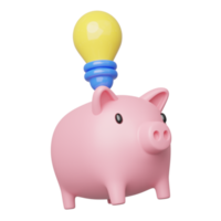 3D-Investment-Ideen-Symbol. rosa sparschwein, glühbirne schweben auf transparent. Sparen Sie Geld beim mobilen Banking. Online-Zahlungsdienst. Spardose sparen. Business-Cartoon-Stil-Konzept. 3D-Symbol rendern. png