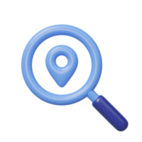 3D location map search icon. Magnifying glass, GPS navigator pin isolated on transparent. Search, find, discovery, research concept. Business cartoon icon minimal style. 3d render illustration. png
