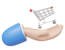 3d Hand hold shop trolley icon. White shopping cart floating hand isolated on transparent. Digital market online, e commerce concept. Sale promotion. Business cartoon style. 3d render. png