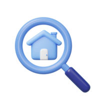 3D house search icon. Magnifying glass, cute home isolated on transparent. Business investment, real estate, inspection, find, research concept. Cartoon icon minimal style. 3d render illustration. png