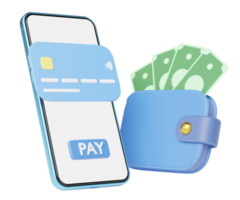 3D-Telefon mit Pay-Button-Kreditkarte, Brieftasche, Bank, die auf transparent schwimmt. Mobile Banking, Online-Zahlungsservice. geld abheben, easy shop, bargeldloses gesellschaftskonzept. karikatur minimales 3d-rendering. png