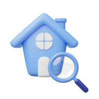 3D house search icon. Cute home, Magnifying glass isolated on transparent. Business investment, real estate, inspection, find, research concept. Cartoon icon minimal style. 3d render illustration. png