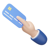 3D Hand holding Credit card and floating isolated on transparent. Online store credit card or debit cards accept. Withdraw money, Easy shopping, Cashless society concept. Cartoon minimal 3d render png