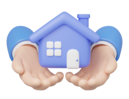 3D Toy House in hand floating isolated on transparent. Hand holding home icon. Investment, real estate, mortgage, offer of purchase house, loan concept. Mockup Cartoon minimal icon. 3d rendering. png