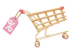 Fast shopping cart special offer icon. 3D Orange shop trolley riding with percent discount tag isolated on transparent. Digital market online, Super sale concept. Business cartoon style. 3d render png