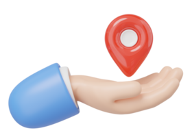 3d GPS navigator icon. Hand holding red location map pin. Plastic realistic checking points floating isolated on transparent.  Investment, mortgage, loan concept. Cartoon minimal icon. 3d render. png