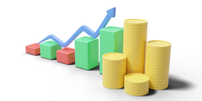 crescimento do gráfico de negócios com seta mais alta em transparente. pilhas mínimas de moedas. comércio de investimento financeiro, economizando o conceito de dinheiro. relatório financeiro do painel. depósito bancário no mobile banking. renderização 3D png