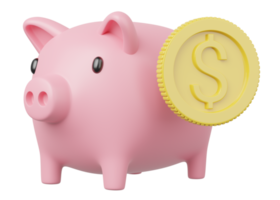 3d Money box with coin icon. Pink piggy bank floating on transparent. Save dollar in mobile banking. Online payment service. Saving money wealth. Business cartoon style concept. 3d icon render. png