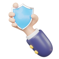 3d Data security protection icon. Businessman hand holding shield floating on transparent. Protect business data network security computer concept. Cartoon minimal style. 3d render illustration. png