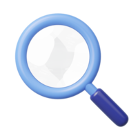 búsqueda de iconos 3d. lente de lupa para zoom aislado en transparente. búsqueda del navegador, búsqueda, descubrimiento, investigación, concepto de inspección. icono de dibujos animados de negocios estilo minimalista. Ilustración de procesamiento 3d. png