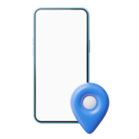 3d smartphone, location pin icon floating on transparent. GPS navigator and mobile phone with blank white screen. Market online, Fast delivery concept. Cartoon icon style. 3d render. png