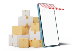 3d smartphone with awning on transparent. Pile of stacked cardboard boxes. Mobile phone with blank white screen, store front. Delivery, express shipping concept. Cartoon icon minimal. 3d render. png