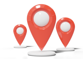 3D-roter Lageplanstift mit weißem Blasensymbol. 3 realistische GPS-Navigationsprüfpunkte aus Kunststoff auf transparent. Ziel markieren. Cartoon 3D-Symbol minimaler Stil. 3D-Darstellung. png